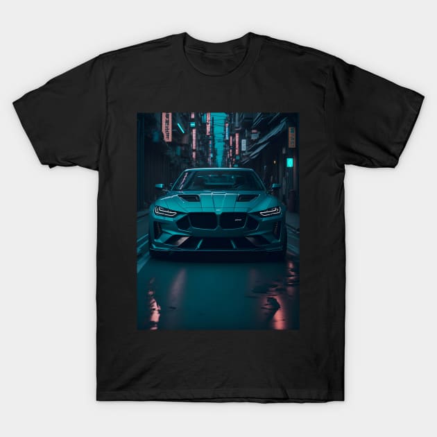 Dark Teal Sports Car in Japanese Neon City T-Shirt by star trek fanart and more